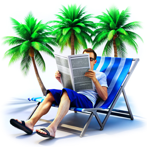 Man läser tidningen och sitter på en strandstol